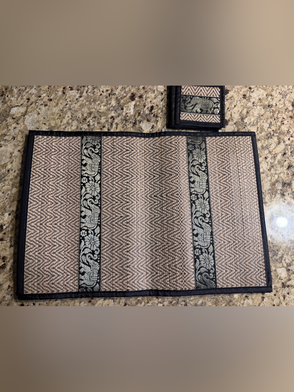Beige and Black Woven Home Accent Placemat with Decorative Band